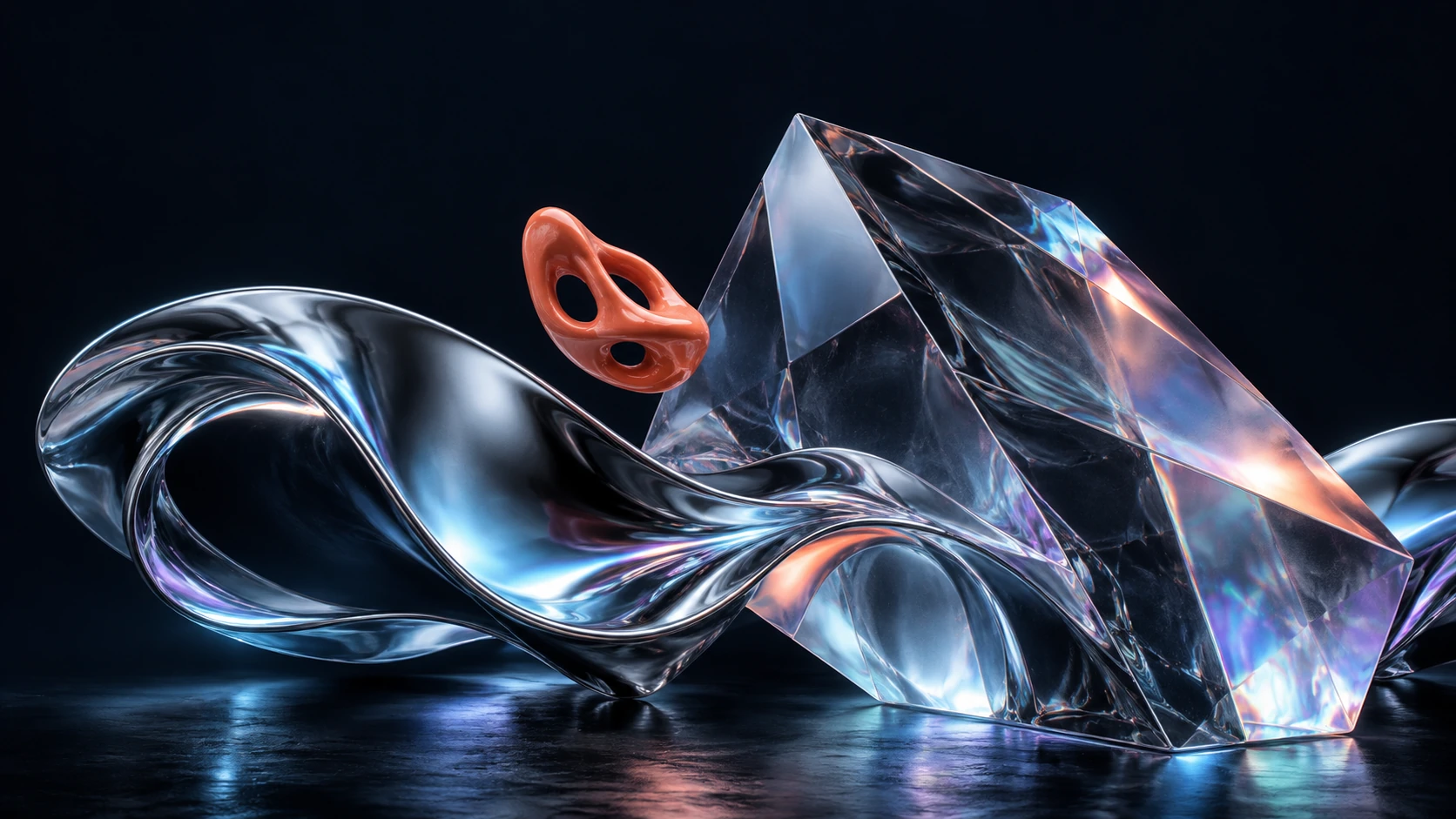 AI 概念視覺：流動的鏡面金屬穿過透明稜鏡，珊瑚橘抽象造型懸浮其間，映照青紫色光。