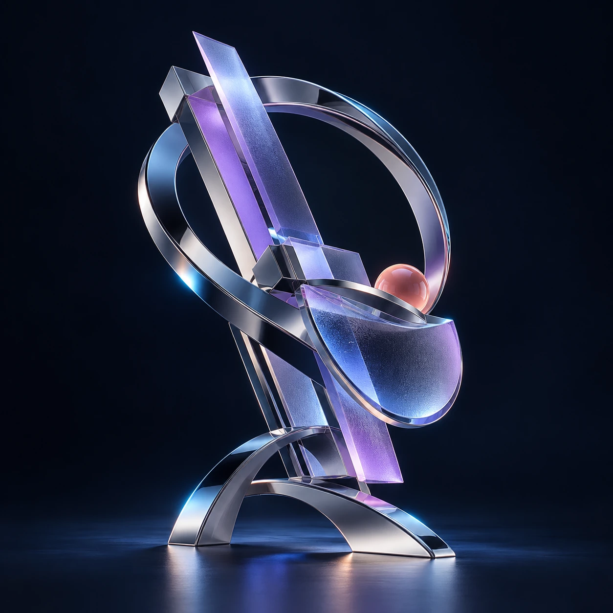 AI 概念視覺：鏡面金屬環與紫色透明幾何造型交錯，形成抽象雕塑。